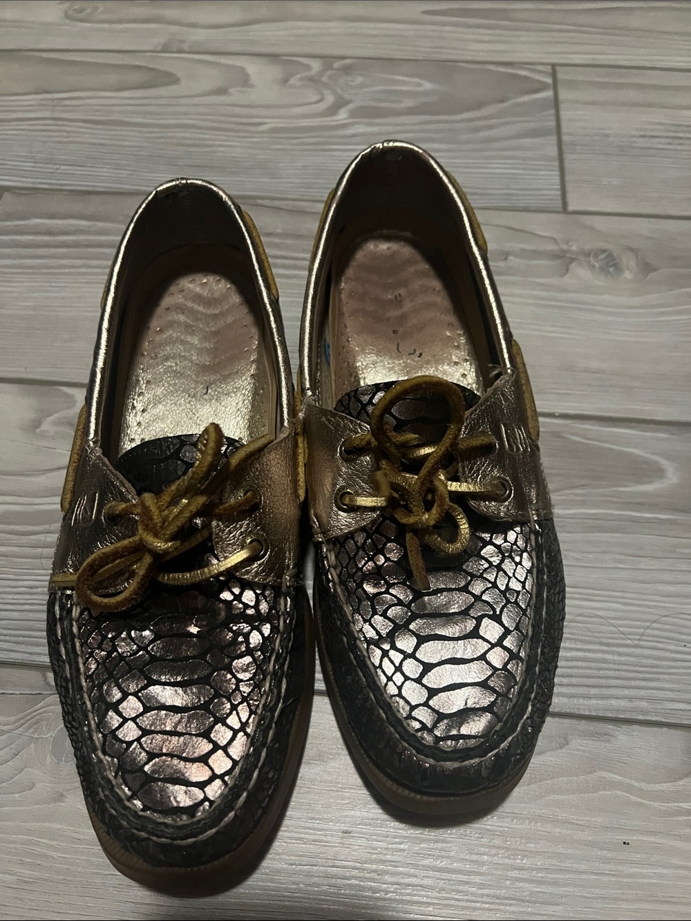 Sperry Metallic Gold and Black Croc-Texture Boat Shoes